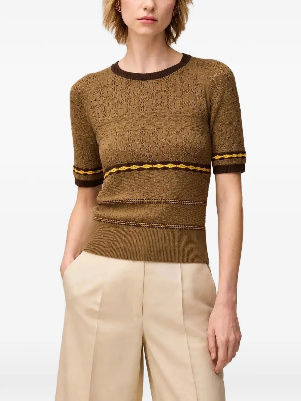RETORI mix-stitch knit T-shirt Bruin