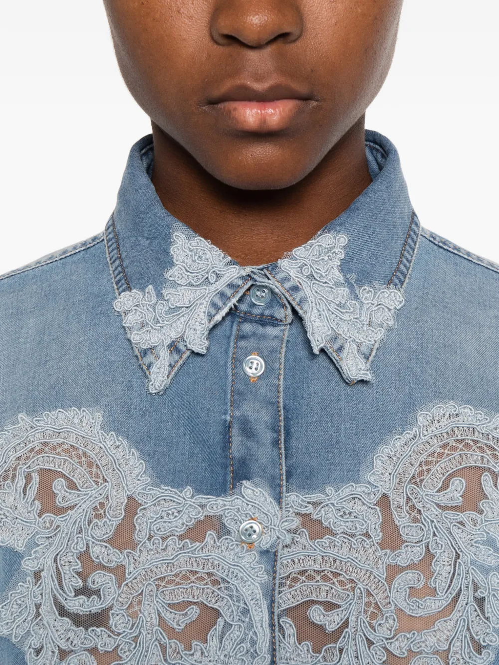 Ermanno Scervino lace-embroidery denim shirt Blauw