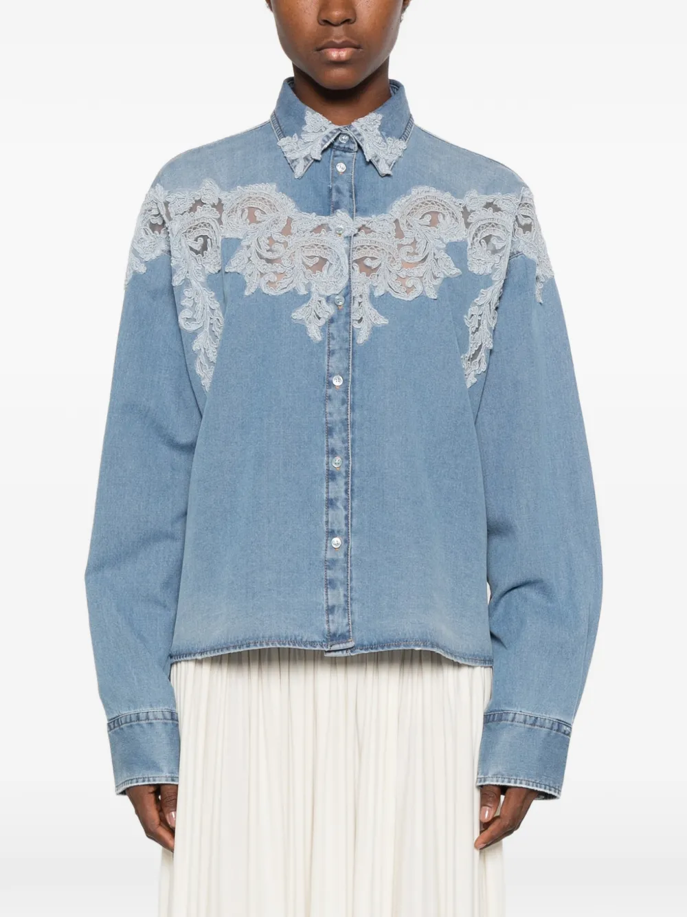 Ermanno Scervino lace-embroidery denim shirt Blauw