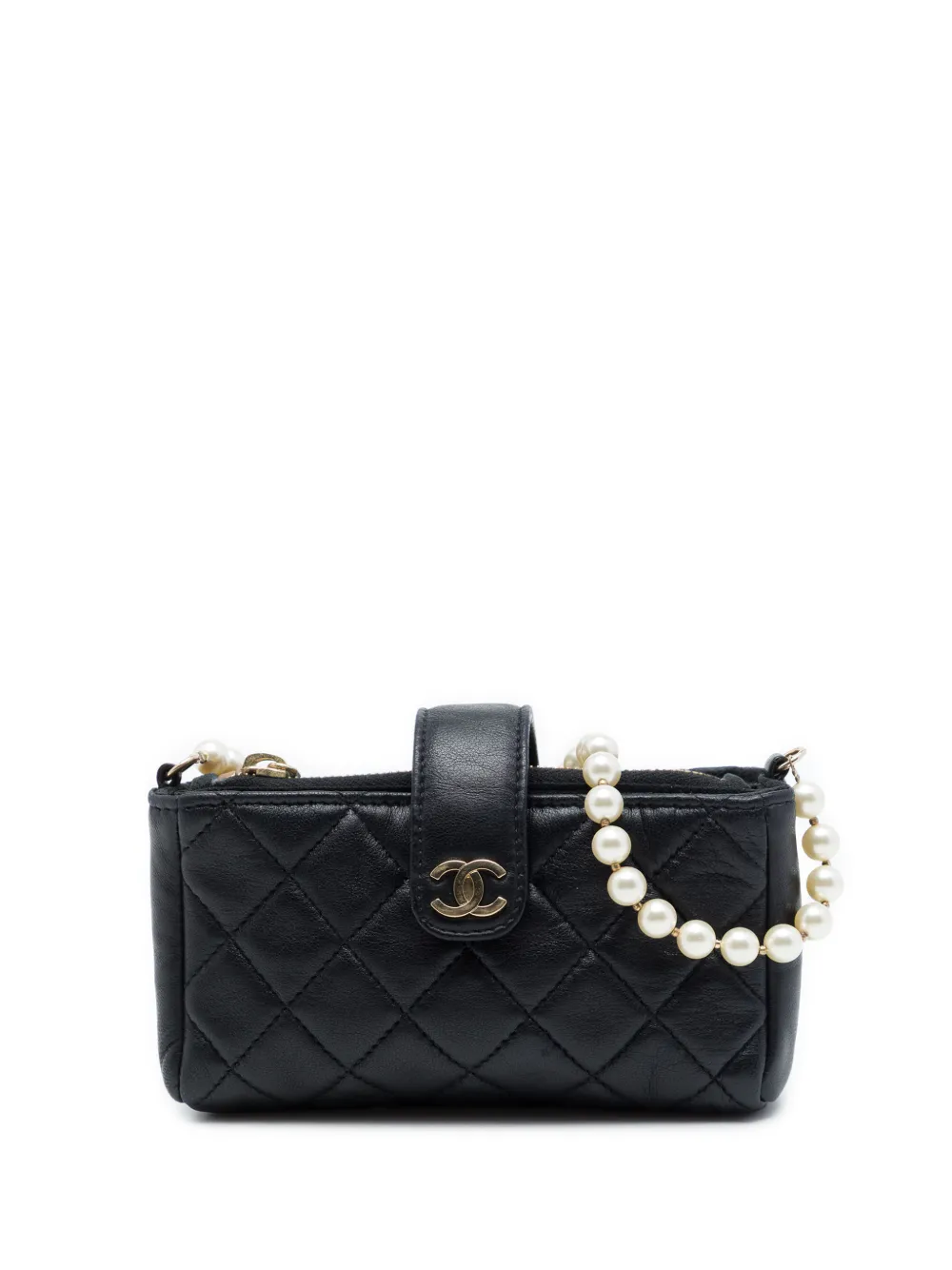 CHANEL Pre-Owned 2010-2011 CC Quilted Lambskin O Mini Faux Pearl Chain Phone Holder Clutch crossbody bag - Black