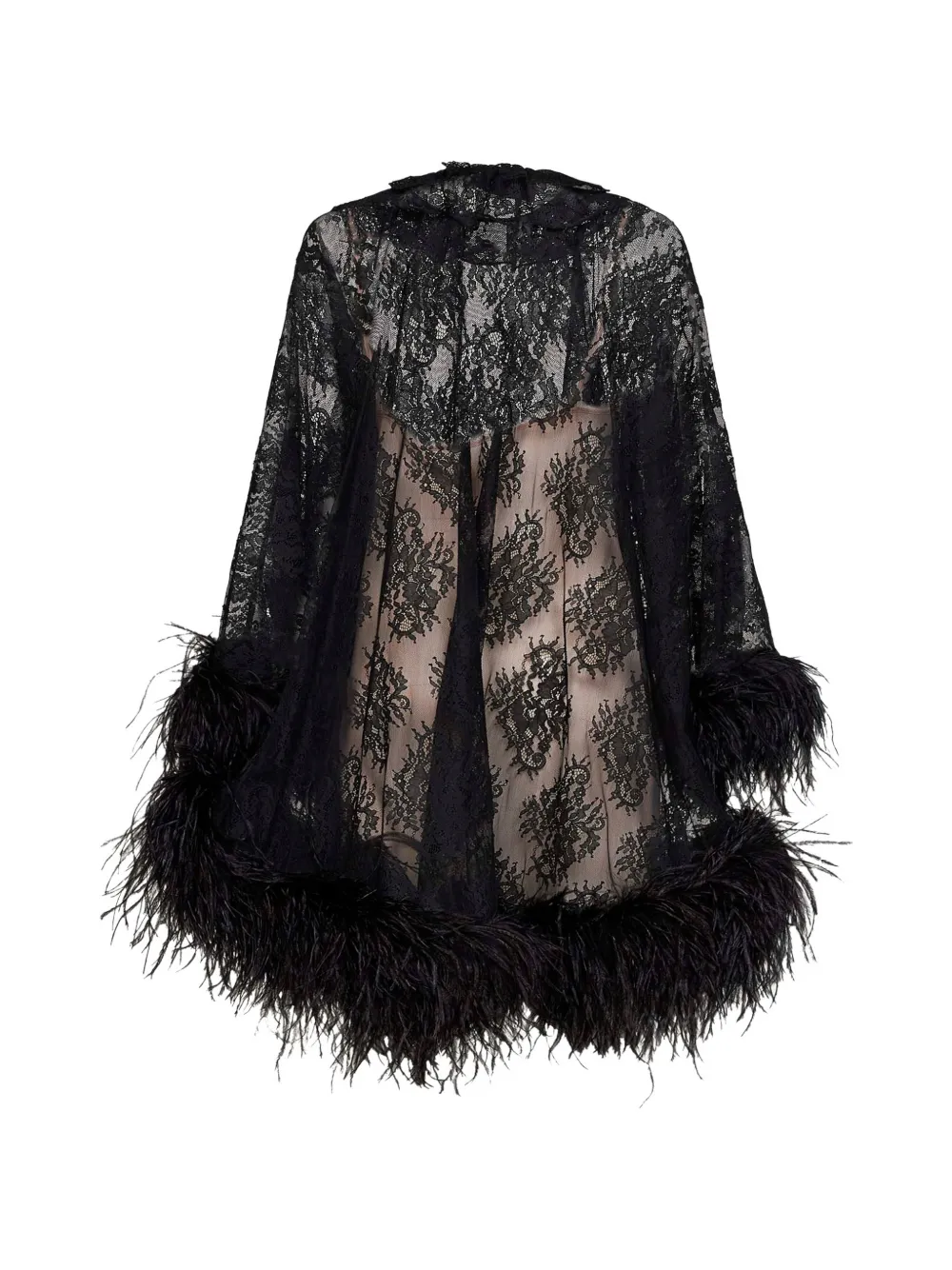 Giuseppe Di Morabito feather-trim lace mini dress Zwart