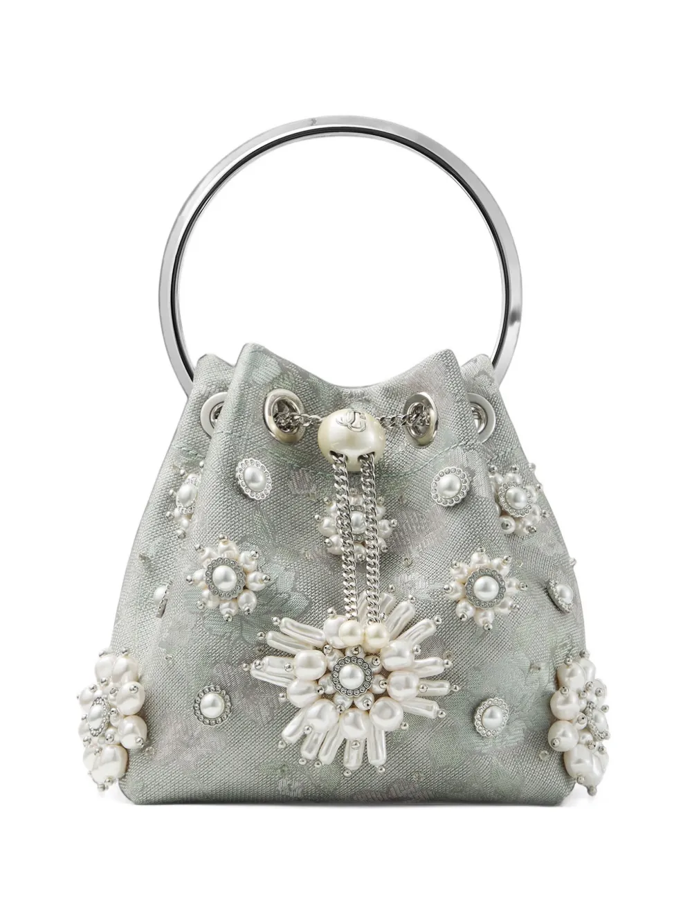Jimmy Choo Bon Bon olive brocade bucket bag with floral pearl embroidery - Verde