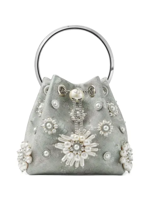 Jimmy Choo Bon Bon olive brocade bucket bag with floral pearl embroidery