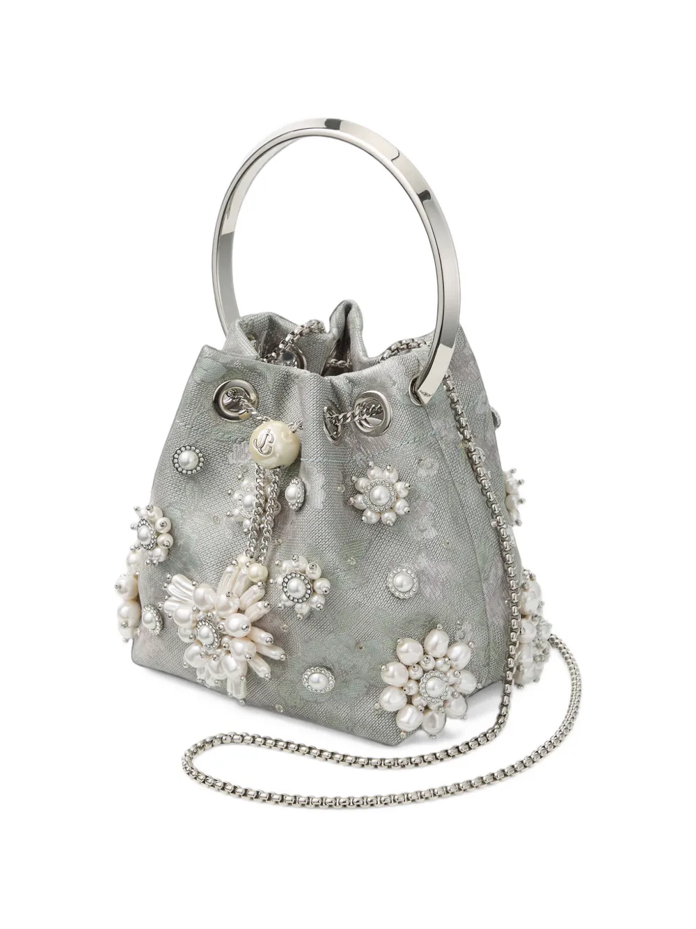 Jimmy Choo Bon olive brocade bucket bag with floral pearl embroidery Groen