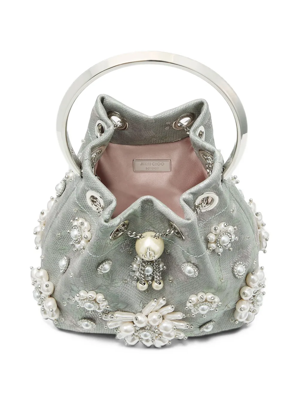 Jimmy Choo Bon olive brocade bucket bag with floral pearl embroidery Groen