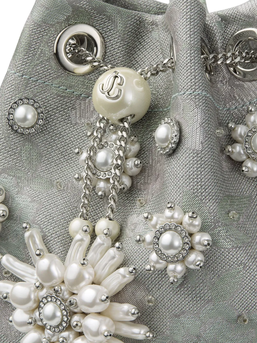 Jimmy Choo Bon olive brocade bucket bag with floral pearl embroidery Groen