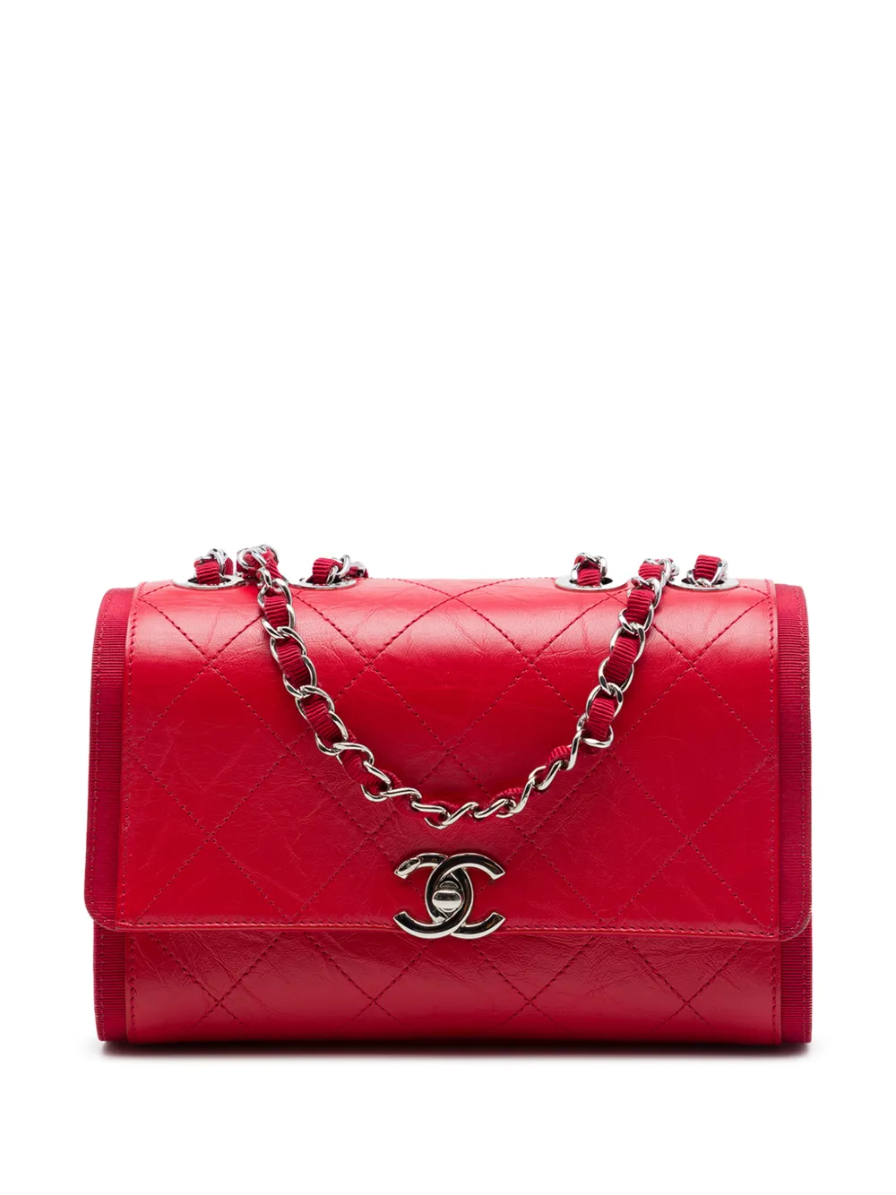 CHANEL Pre-Owned 2018 CC Quilted Crumpled Calfskin and Grosgrain Flap crossbody bag - Red