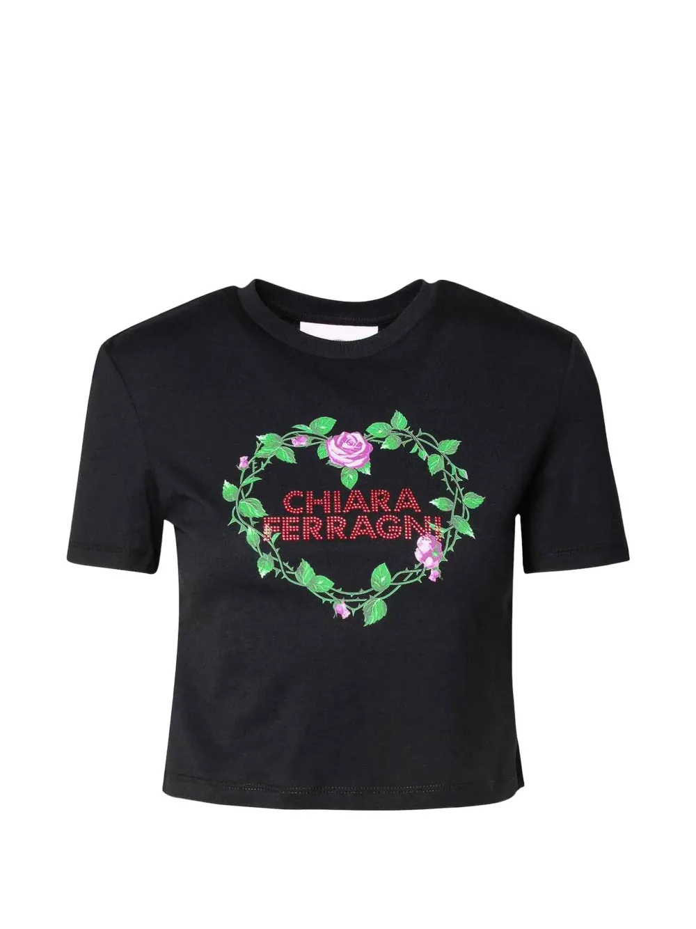 Chiara Ferragni rhinestone-logo floral-print T-shirt Zwart