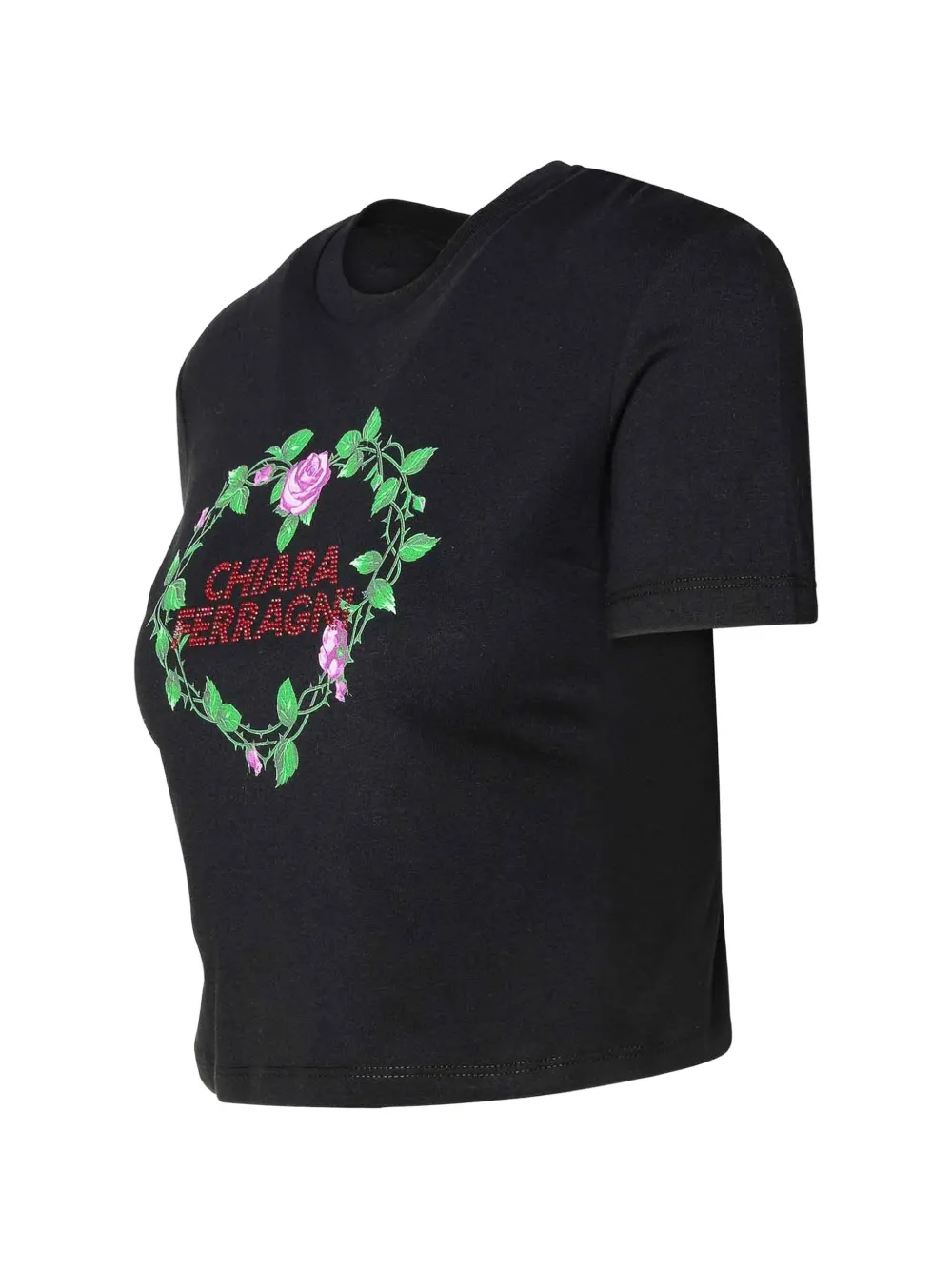 Chiara Ferragni rhinestone-logo floral-print T-shirt Zwart