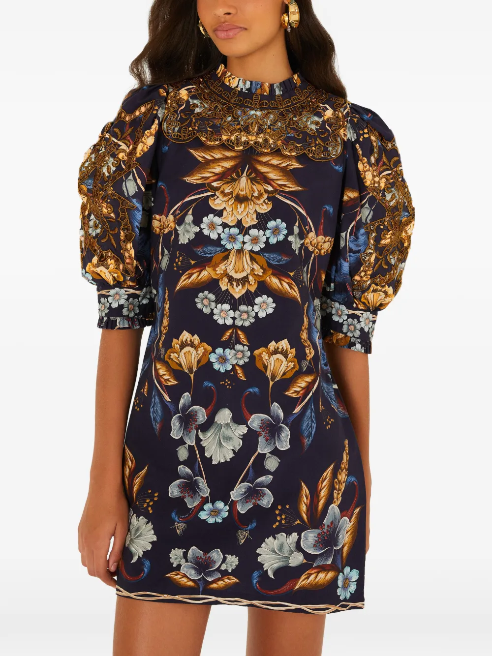 FARM Rio Golden Nature embroidered mini dress - Bleu