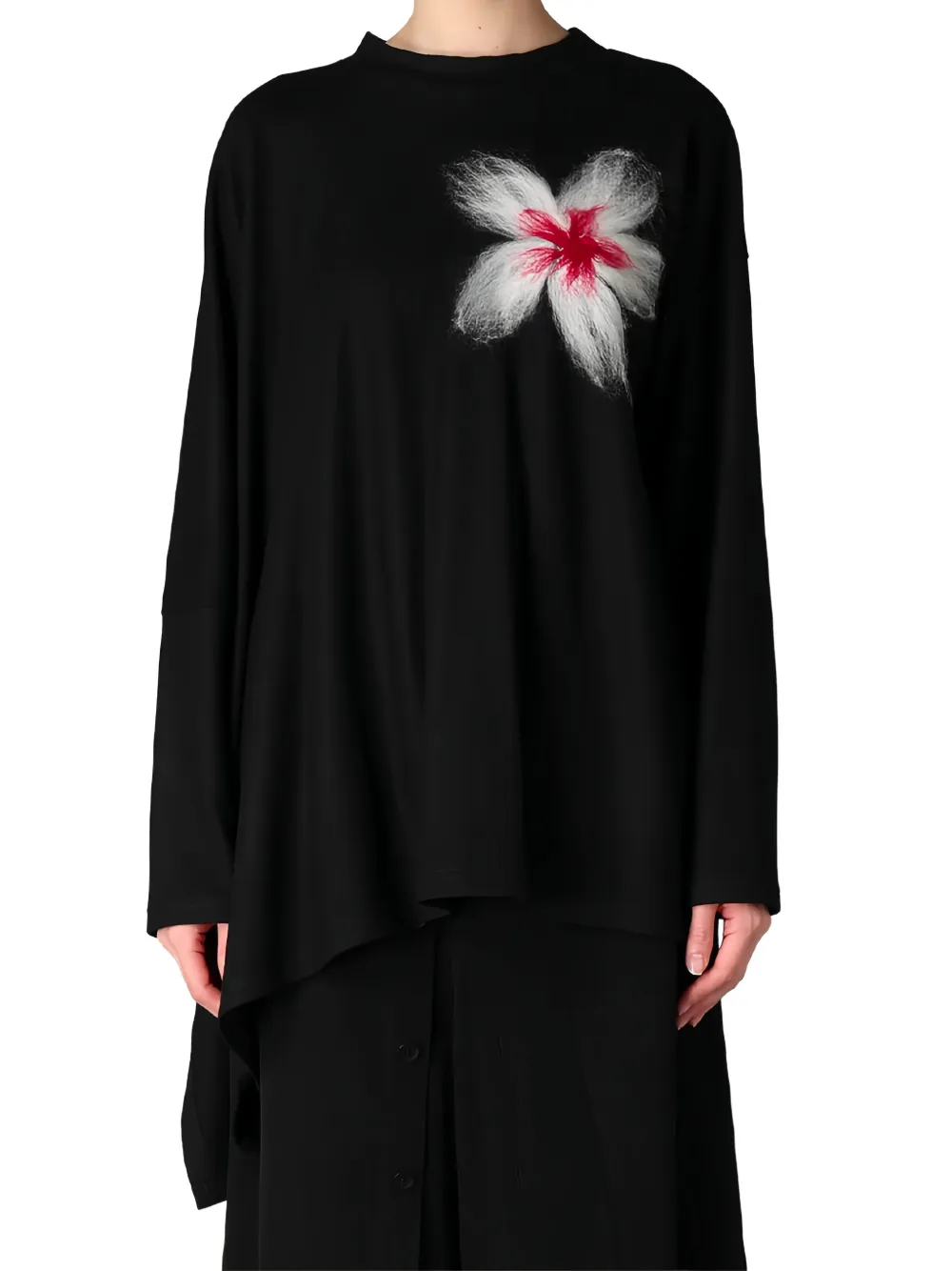 Yohji Yamamoto Milled asymmetrische trui met bloemen-applicatie Zwart