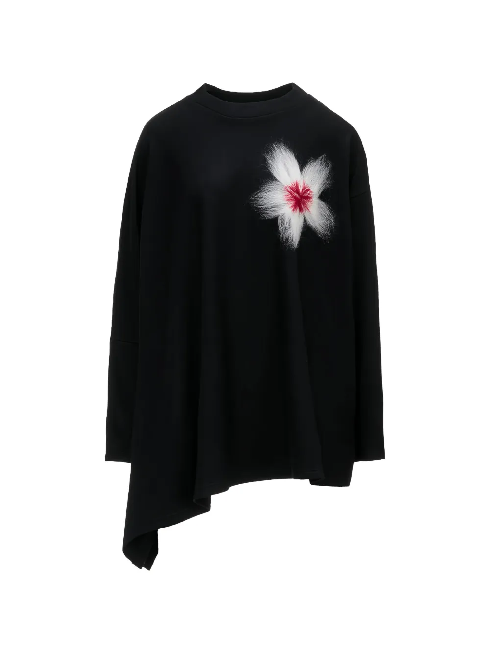 Yohji Yamamoto Milled flower-appliqué asymmetric sweater - Black