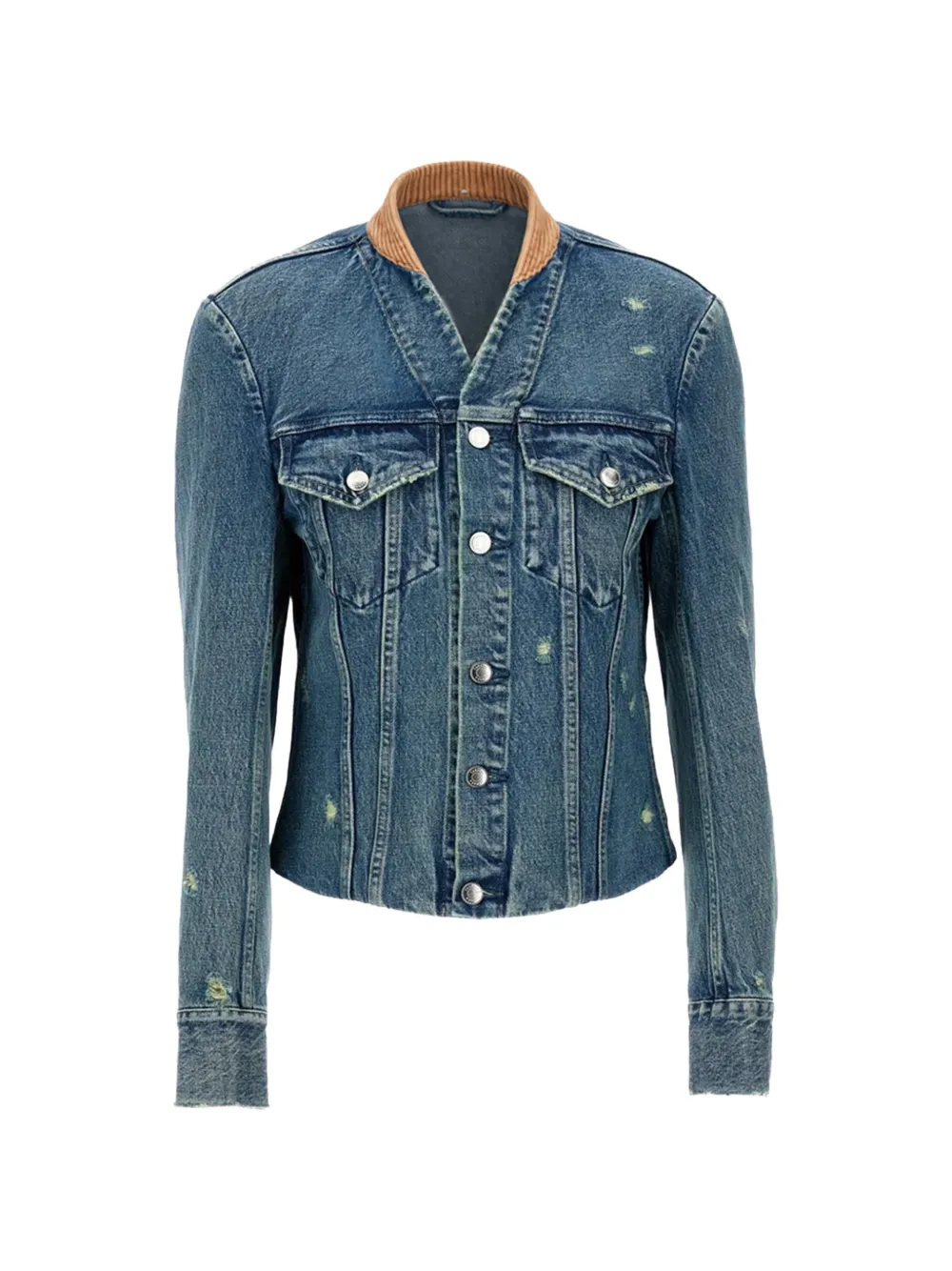 Tanaka corduroy-collar distressed denim jacket - Bleu Tanaka corduroy-collar distressed denim jacket - Bleu