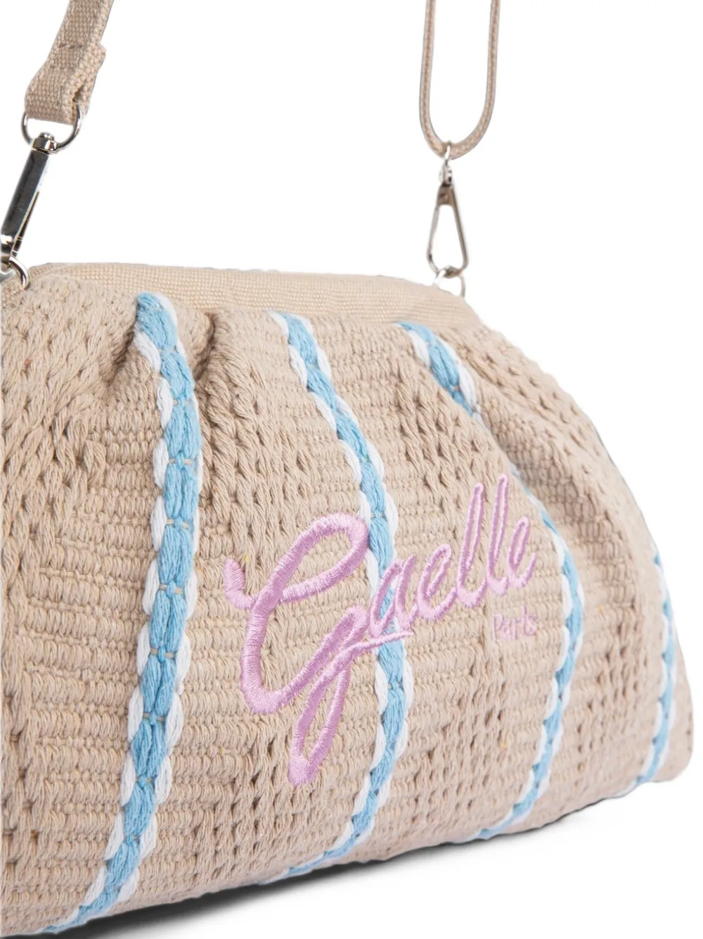 Gaëlle Paris maxi logo-embroidered striped cotton clutch bag Beige