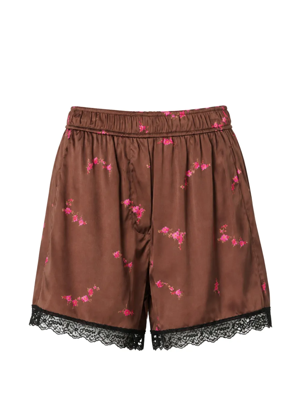 GANNI floral-print lace-trim mini shorts Bruin