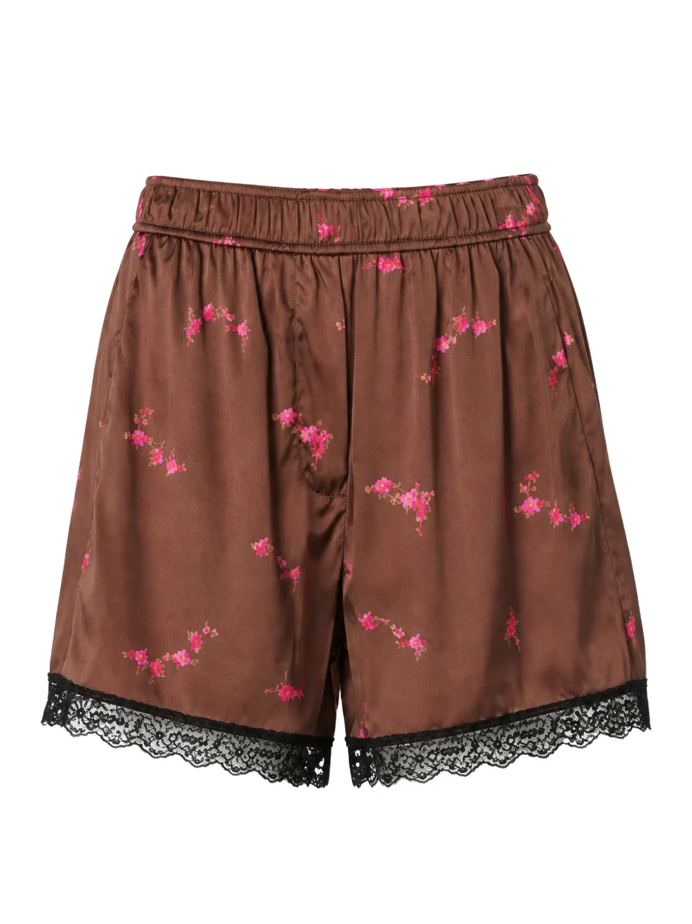 GANNI floral-print lace-trim mini shorts Bruin