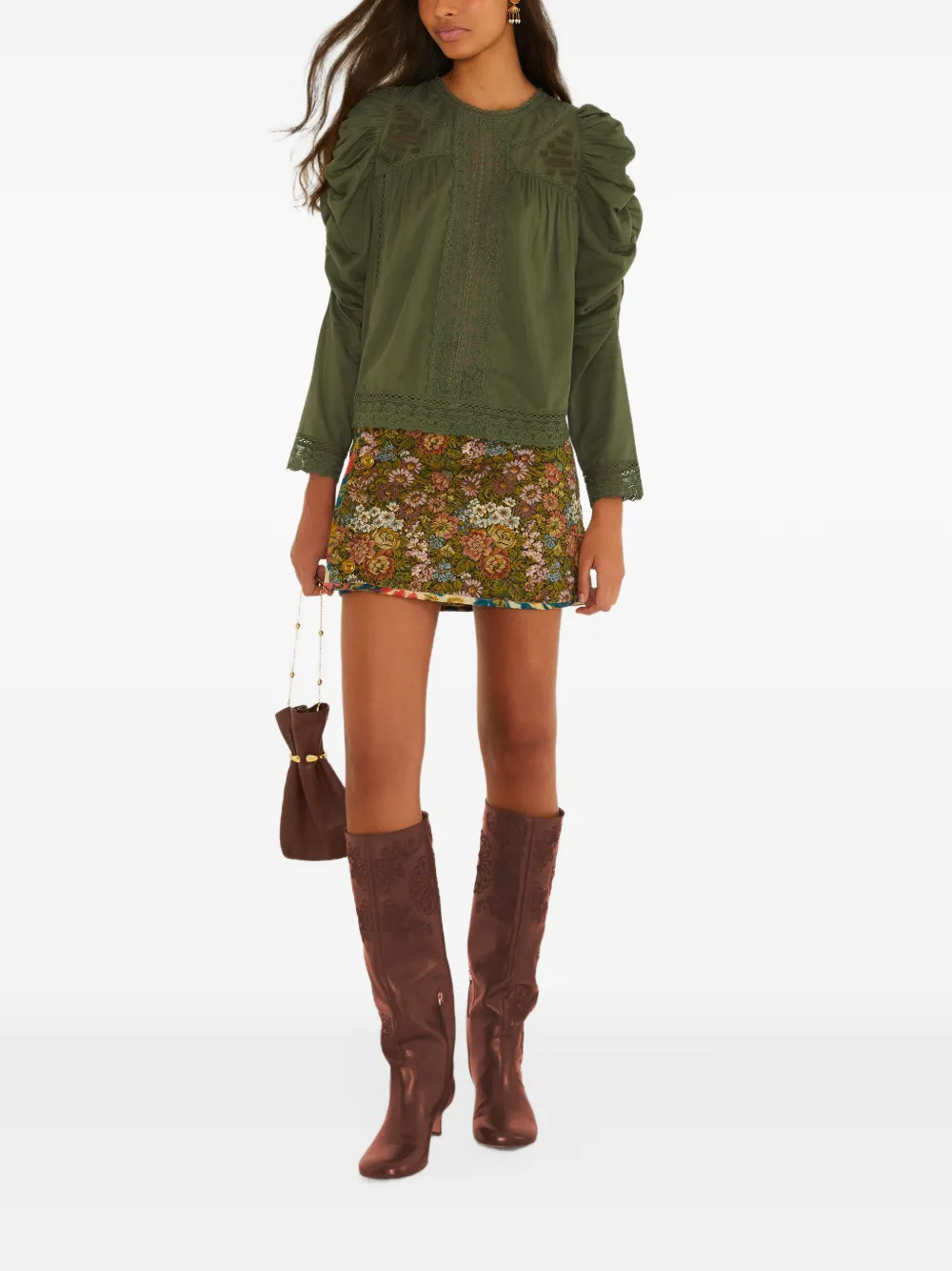 FARM Rio lace ruched sleeve blouse Groen