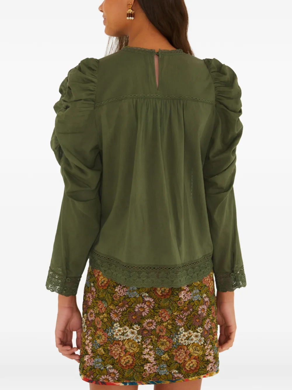 FARM Rio lace ruched sleeve blouse Groen