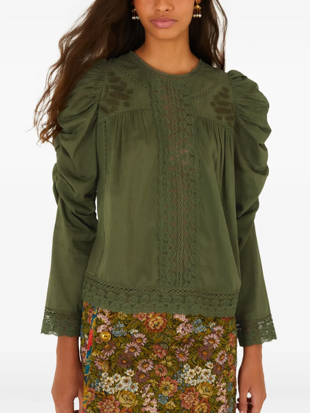 FARM Rio lace ruched sleeve blouse - Verde