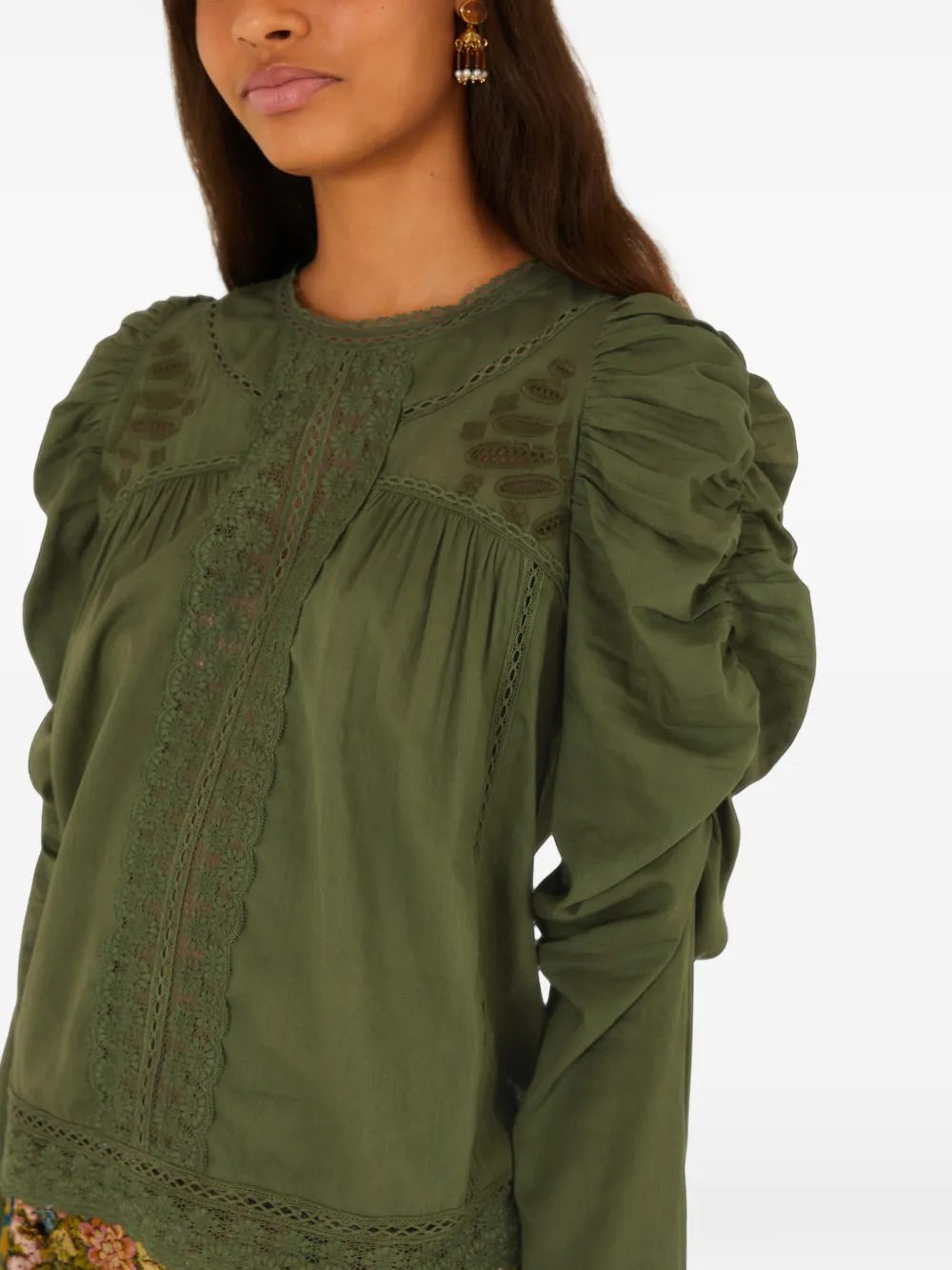 FARM Rio lace ruched sleeve blouse Groen