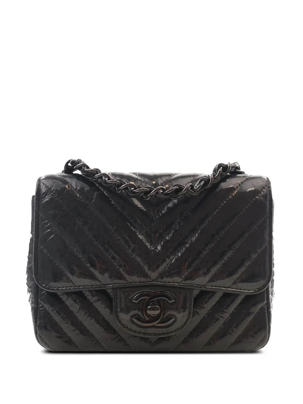 CHANEL Pre-Owned 2018 Mini Square Classic Chevron Crumpled Patent So Black Single Flap crossbody bag - Schwarz