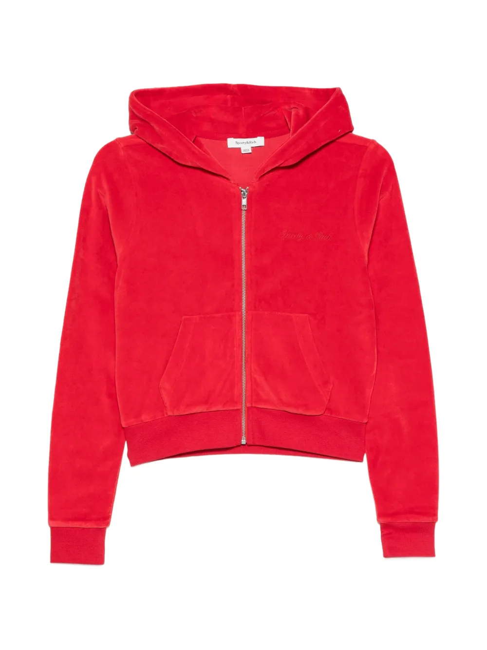Sporty & Rich logo-embroidered velour hoodie Rood