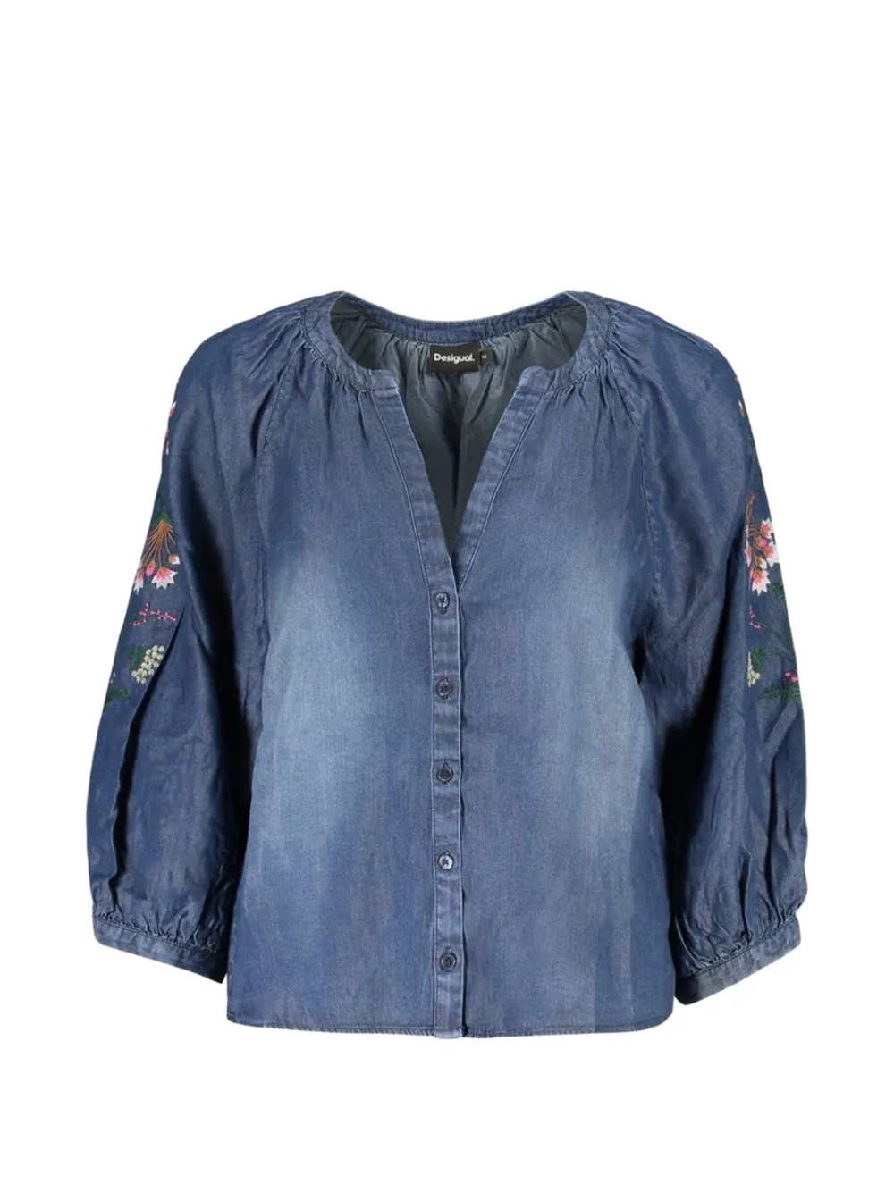 Desigual floral-embroidered puff-sleeve shirt Blauw