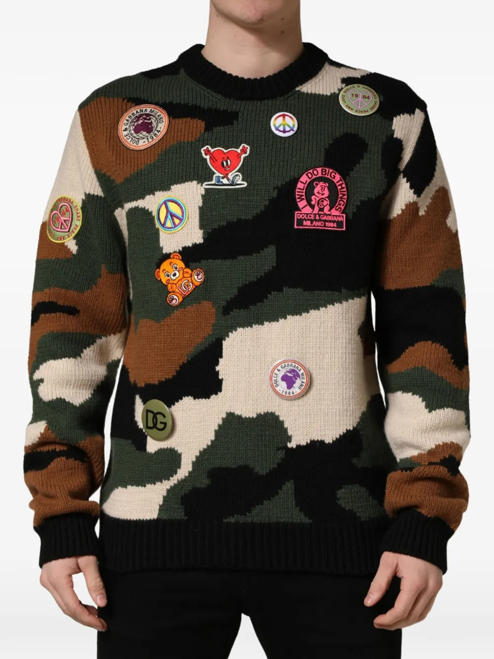 Dolce & Gabbana patch-detail camouflage-intarsia sweater - Verde