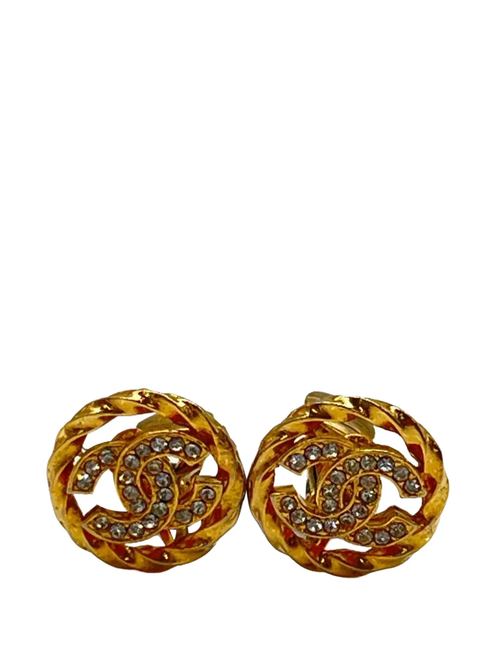 CHANEL Pre-Owned 1980-1990 CC Gold Plated Rhinestone Round Clip On Earrings costume earrings