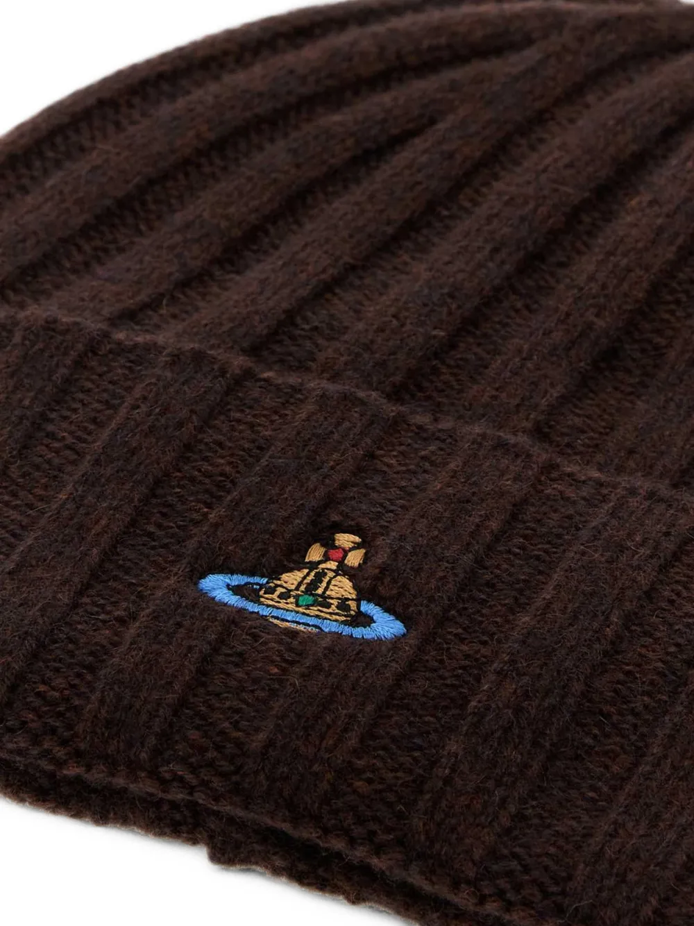Vivienne Westwood Orb-embroidered ribbed-knit beanie hat Bruin