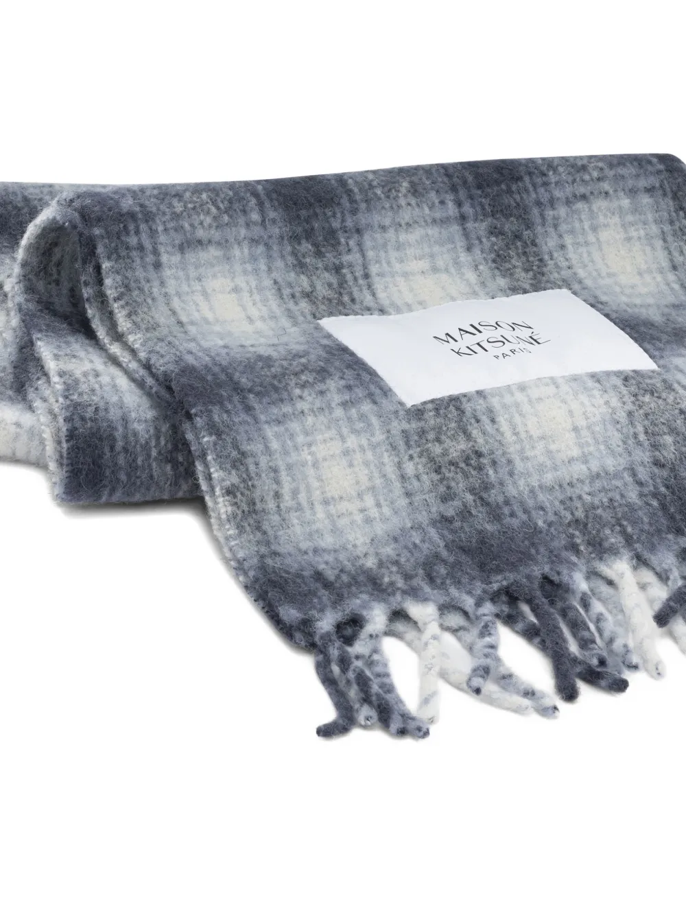 Maison Kitsuné check-pattern fringed scarf Blauw