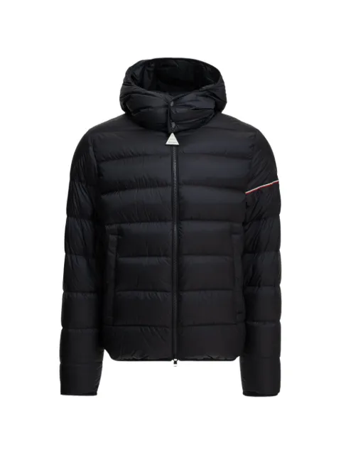 Moncler Gesteppte Bernadette Cropped-Hemdjacke aus Baumwolle mit Kapuze in Weiß/Braun und Hahnentrittmuster