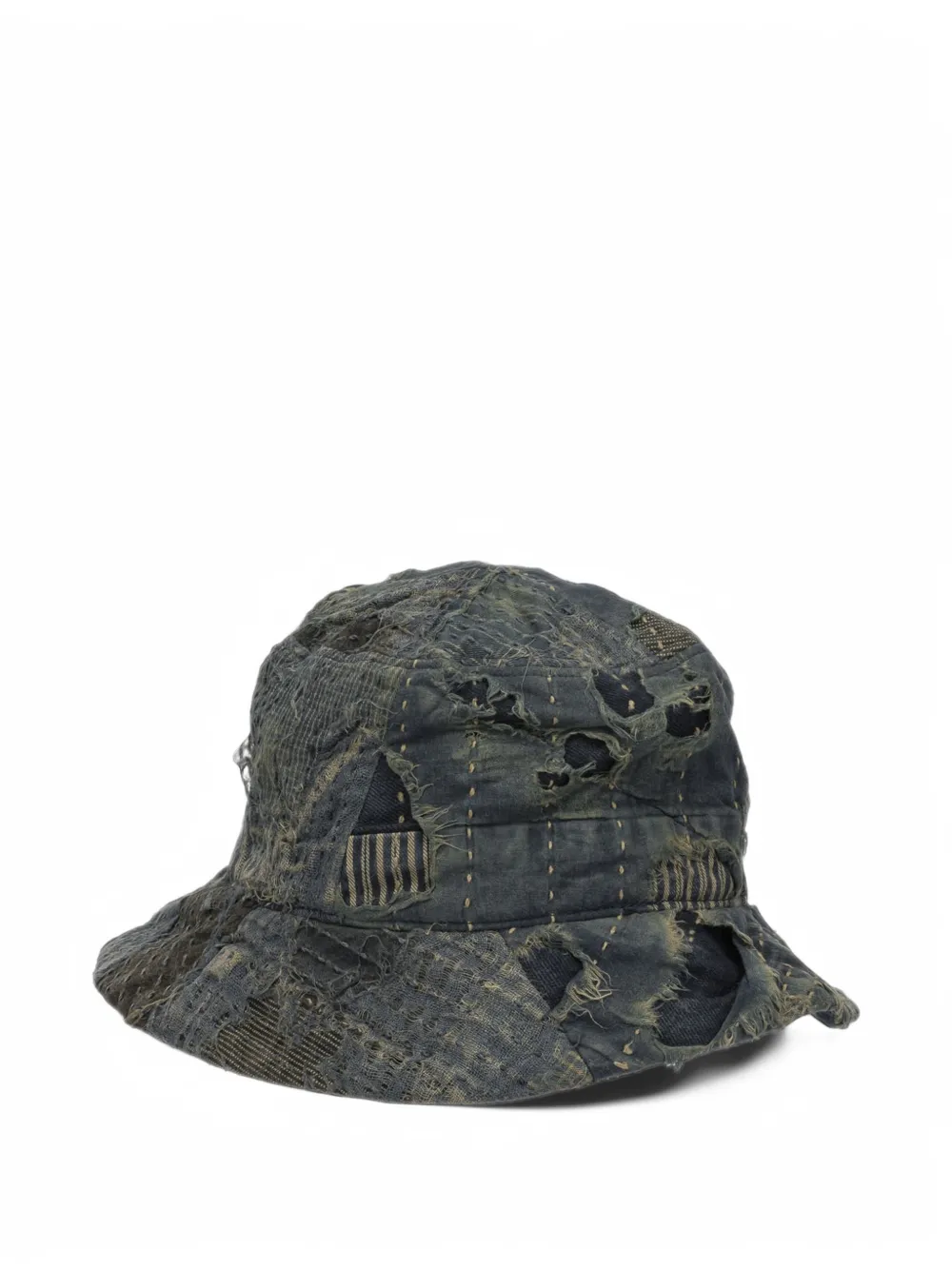 KAPITAL Boro distressed patchwork bucket hat Blauw