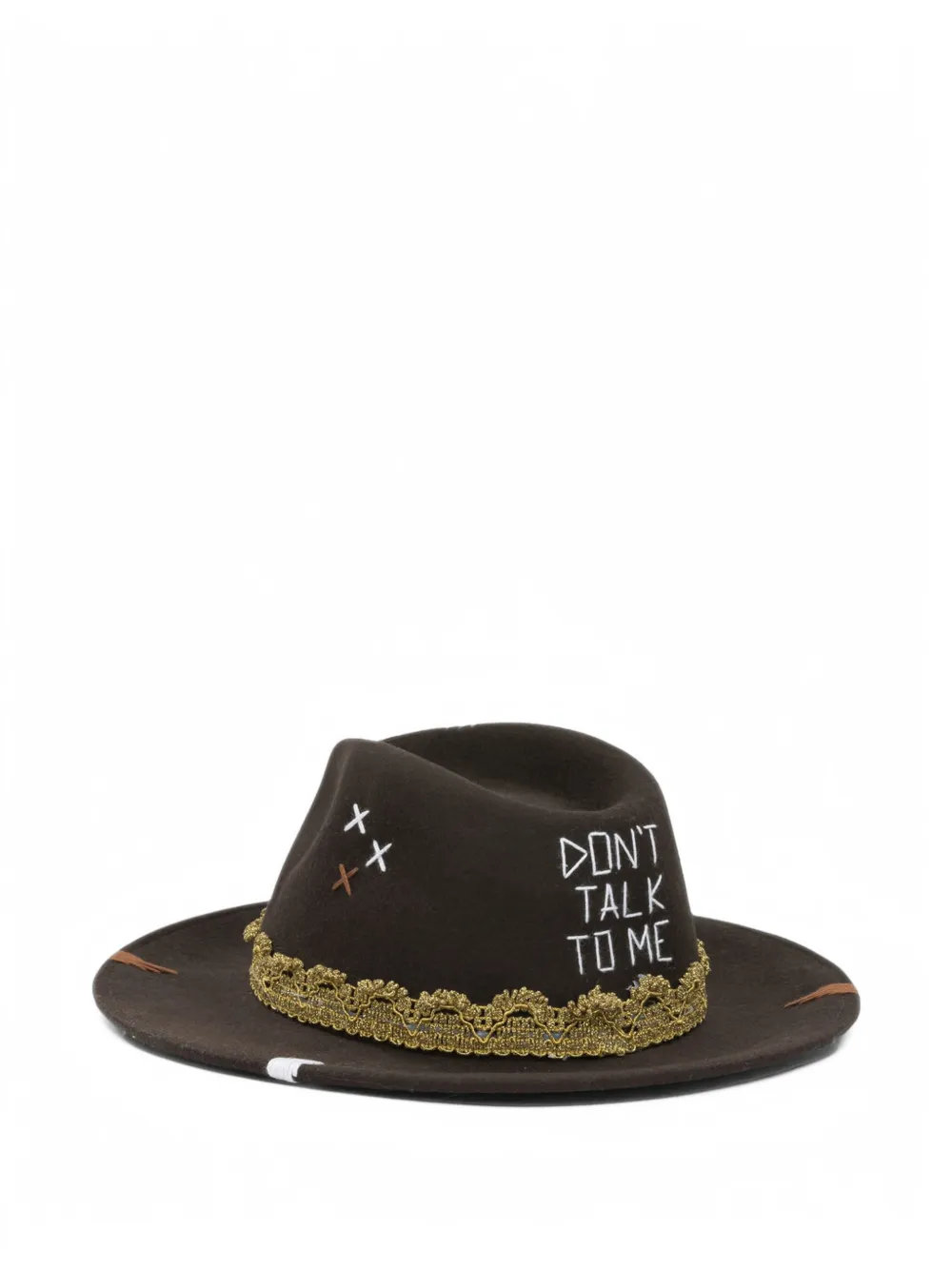 THE HAT GANG Wollen fedora hoed met geborduurde tekst Bruin