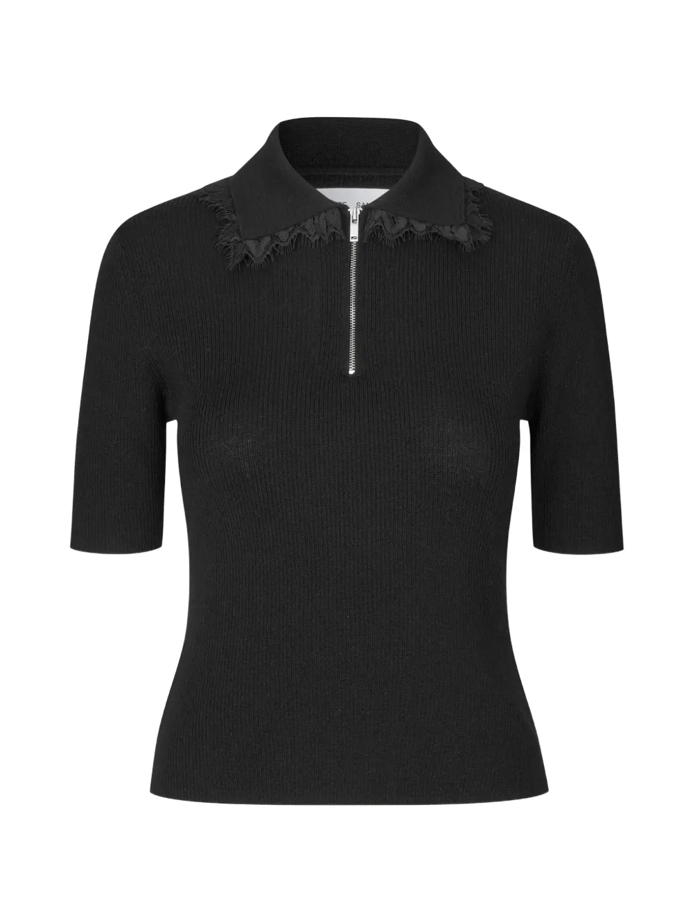 SAMSOE SAMSOE Sanelly lace-trimmed ribbed-knit polo top - Noir