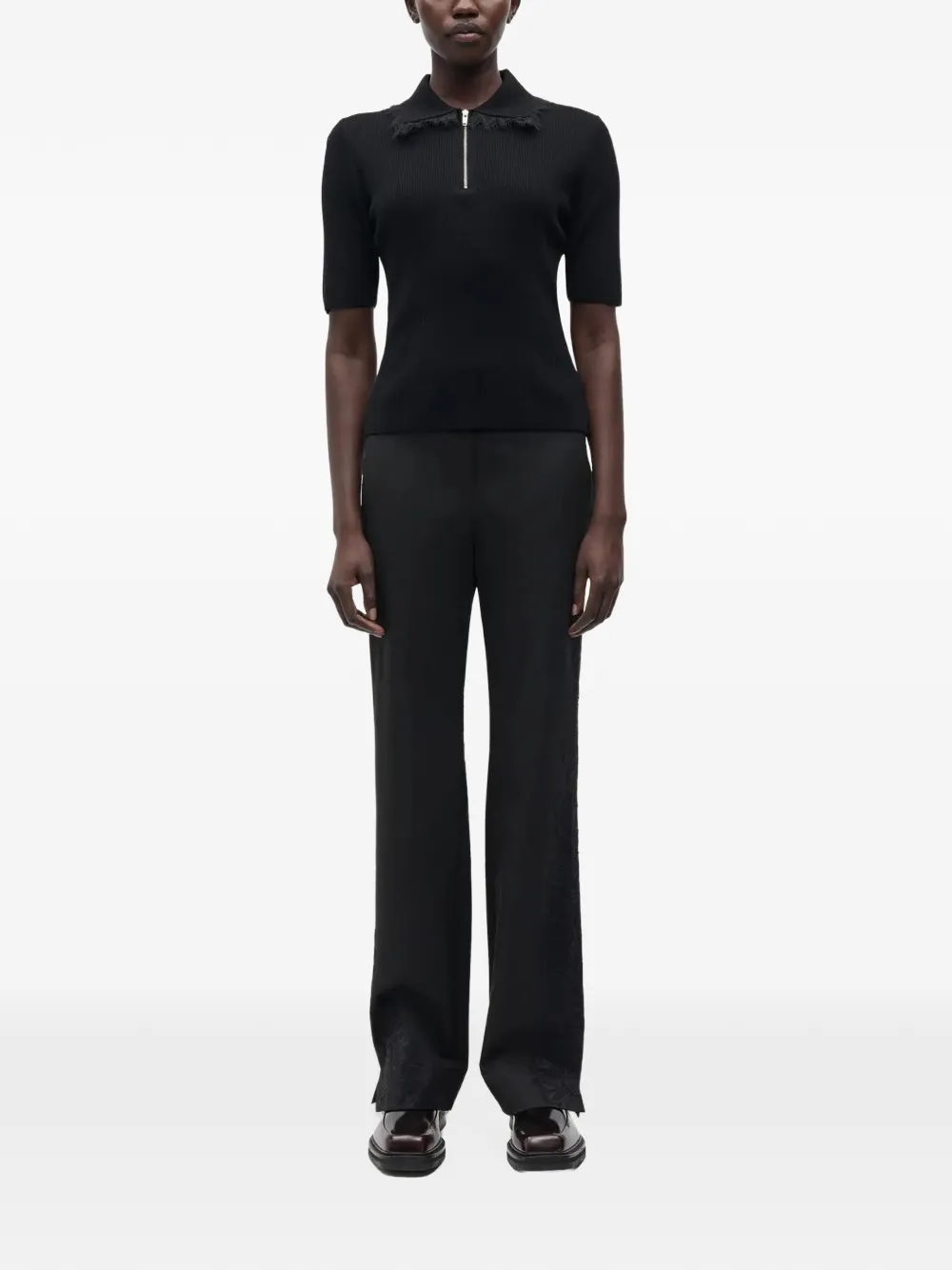 SAMSOE Sanelly lace-trimmed ribbed-knit polo top Zwart