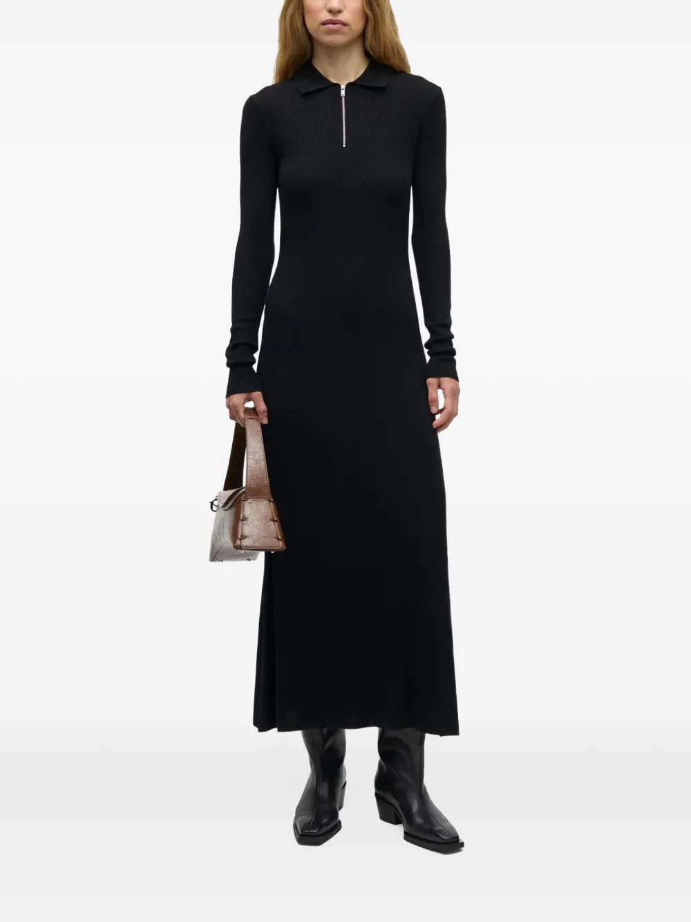 SAMSOE Sanelly ribbed-knit polo-collar midi dress Zwart