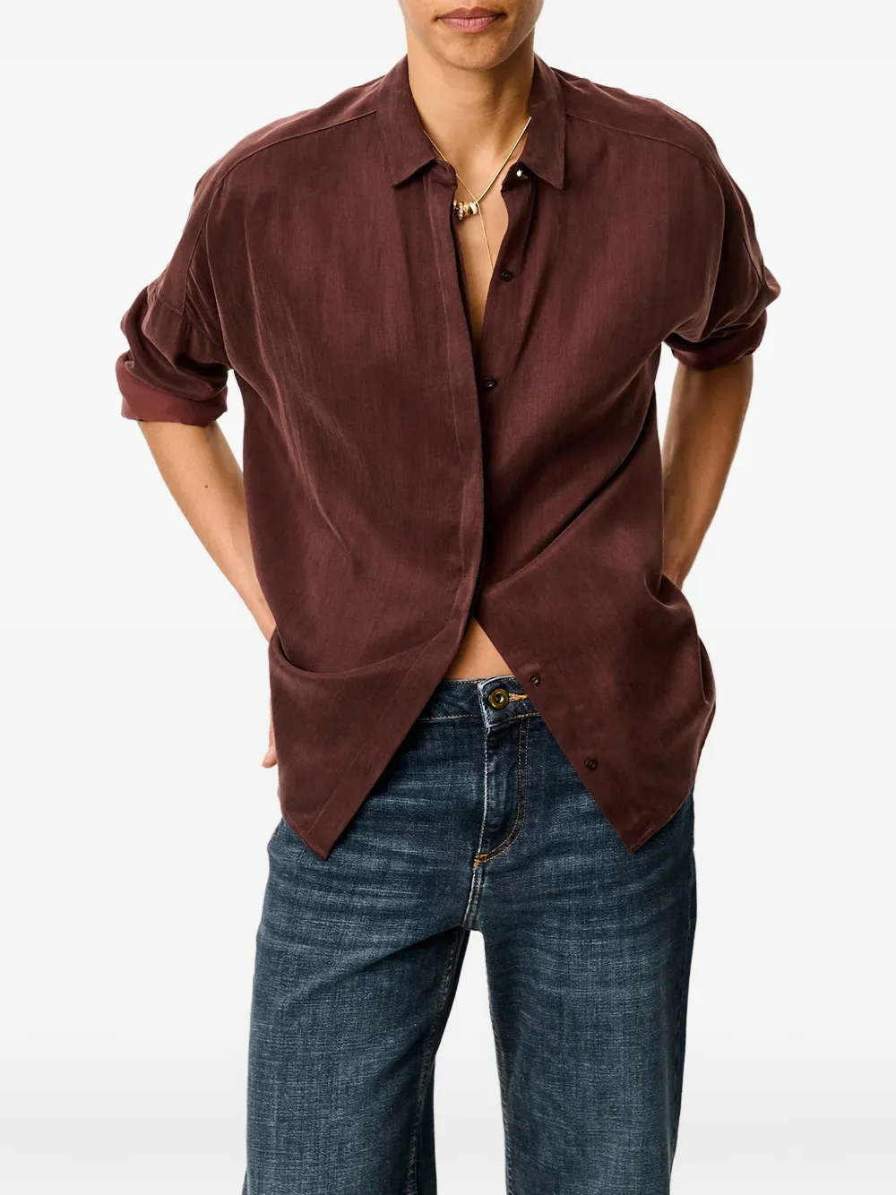 Sessùn Lady D blouse met verlaagde schouders en lange mouwen Bruin