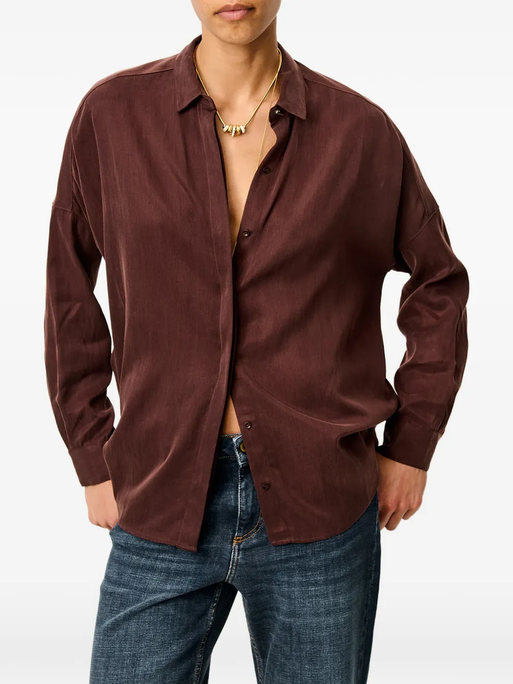 Sessùn Lady D blouse met verlaagde schouders en lange mouwen Bruin