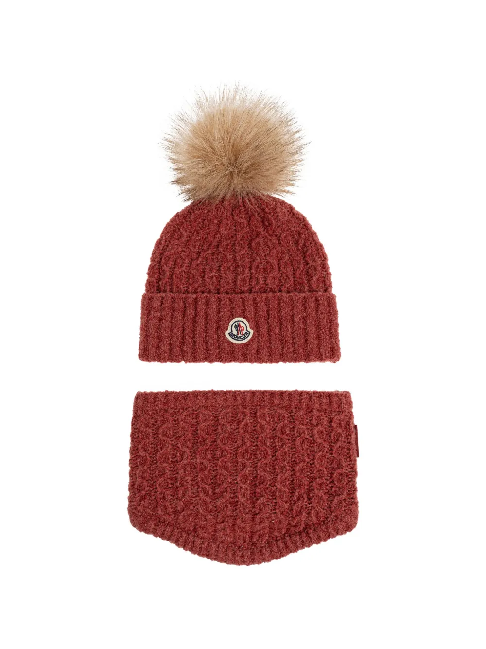 Moncler Enfant Kabelgebreide hoed met pompon en snood Rood