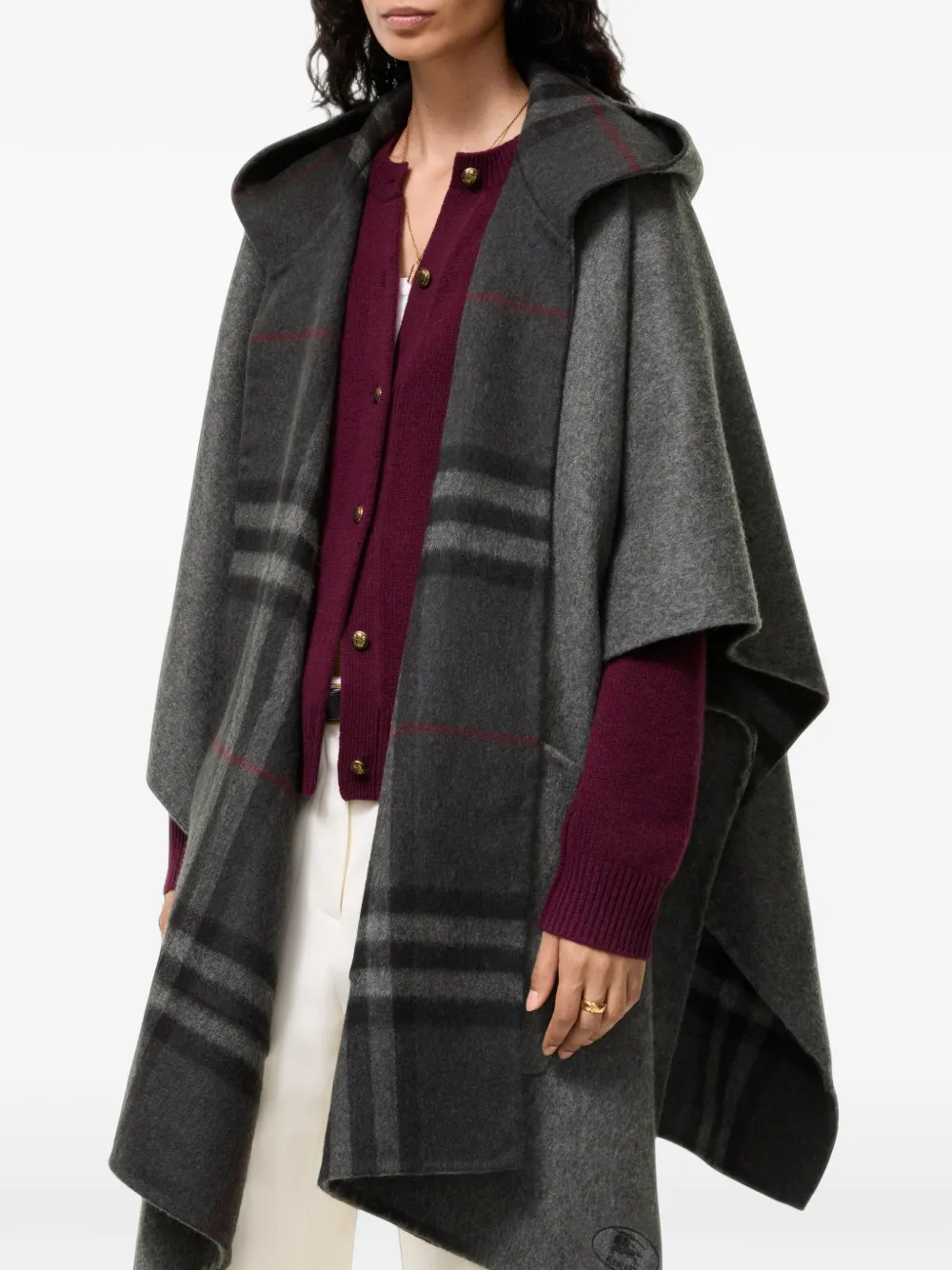 Burberry reversible Check cashmere hooded cape Grijs