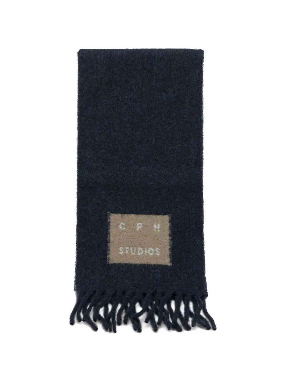 Copenhagen logo-patch fringed scarf - Blu