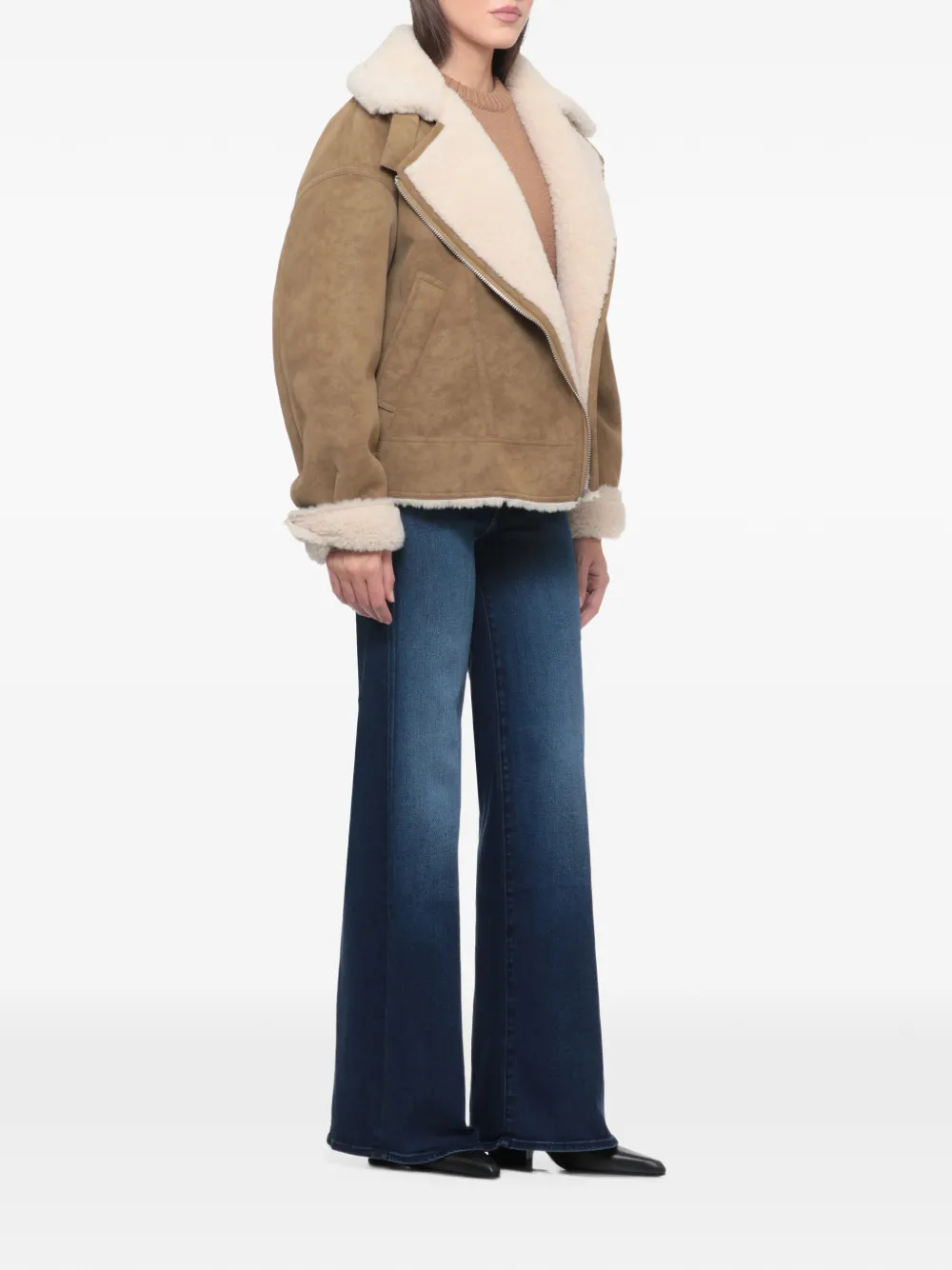 STAND STUDIO Pica faux-shearling trim biker jacket Beige