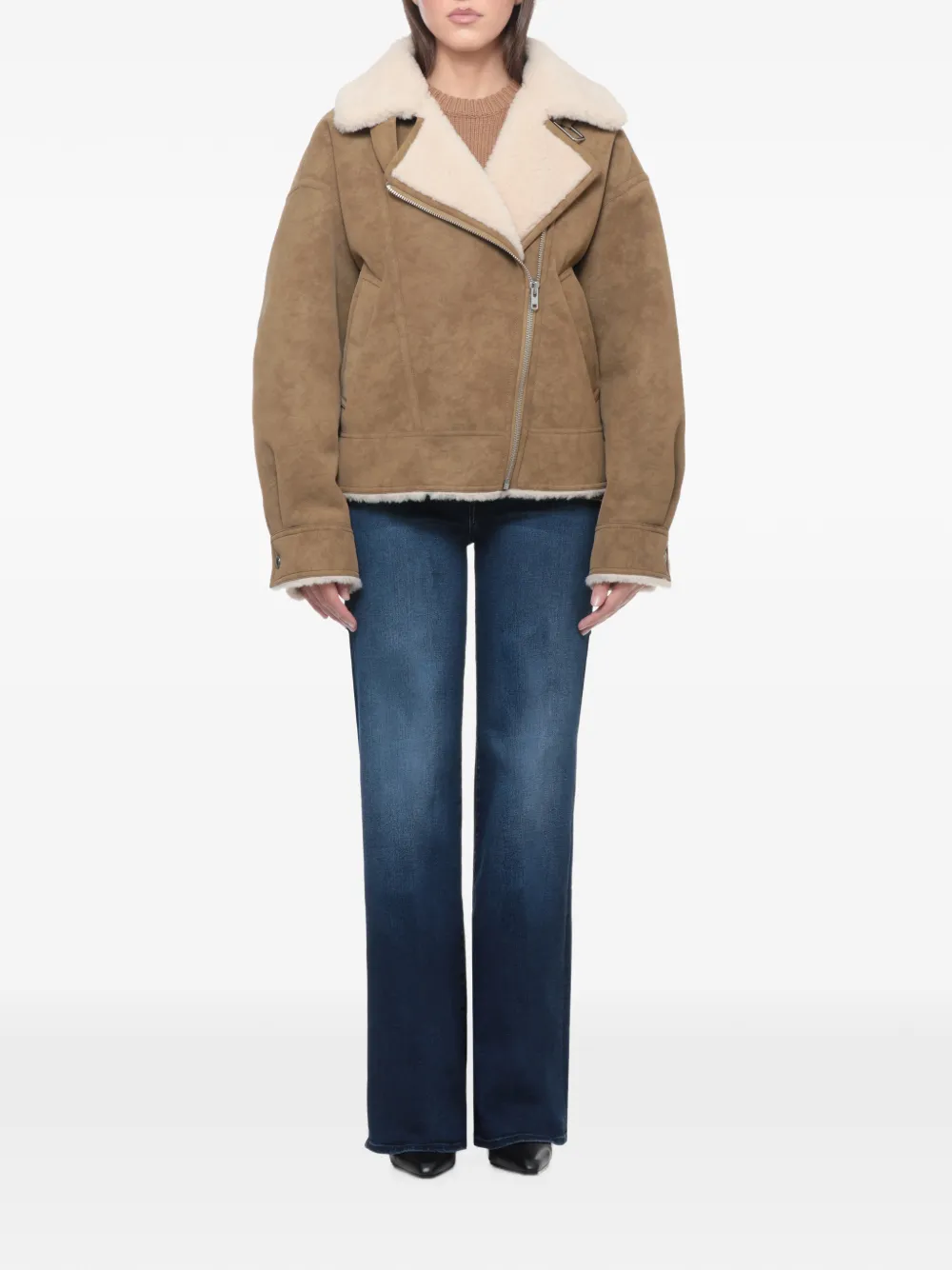 STAND STUDIO Pica faux-shearling trim biker jacket Beige