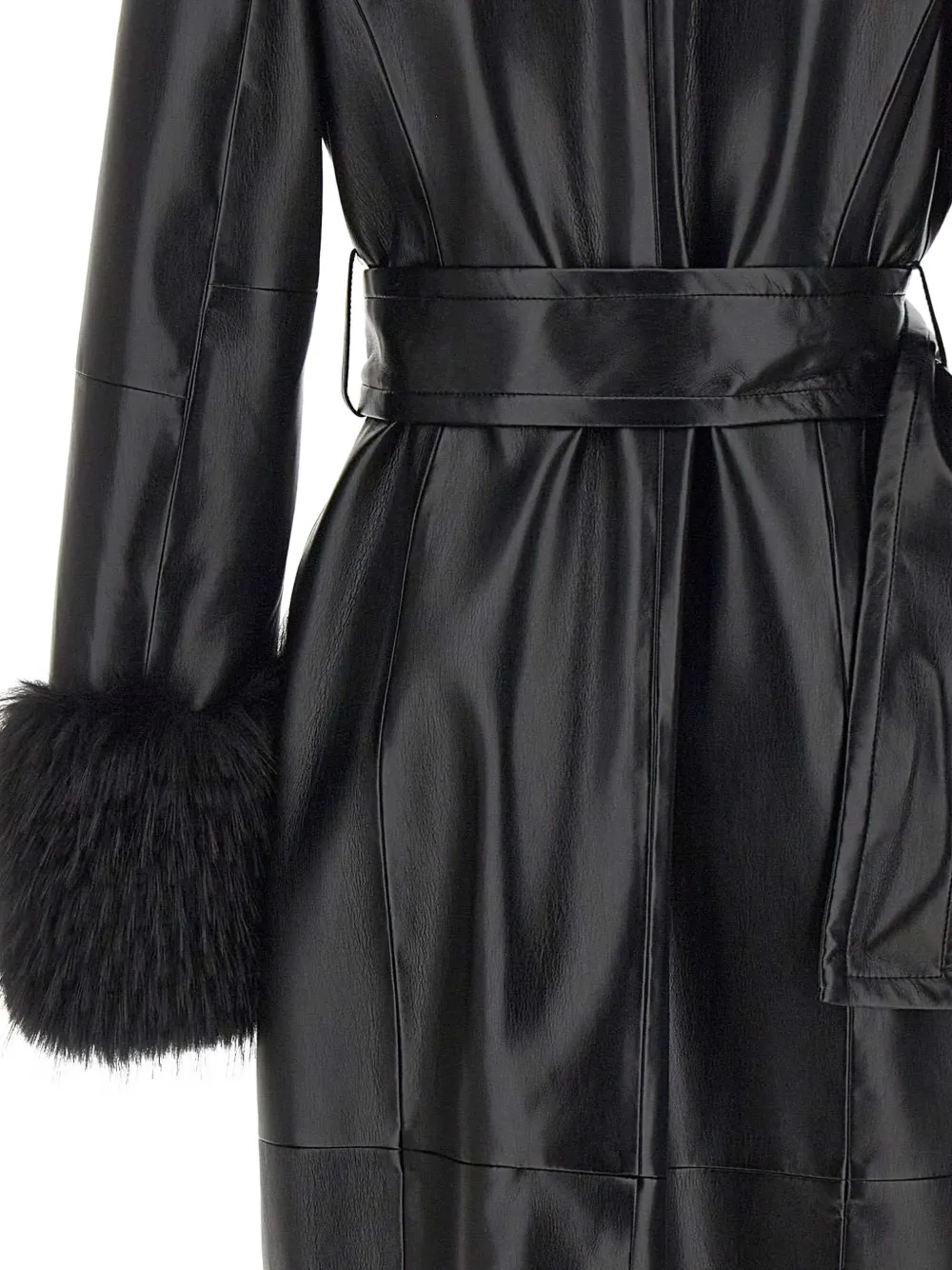 STAND STUDIO Estella faux-fur trim belted coat Zwart
