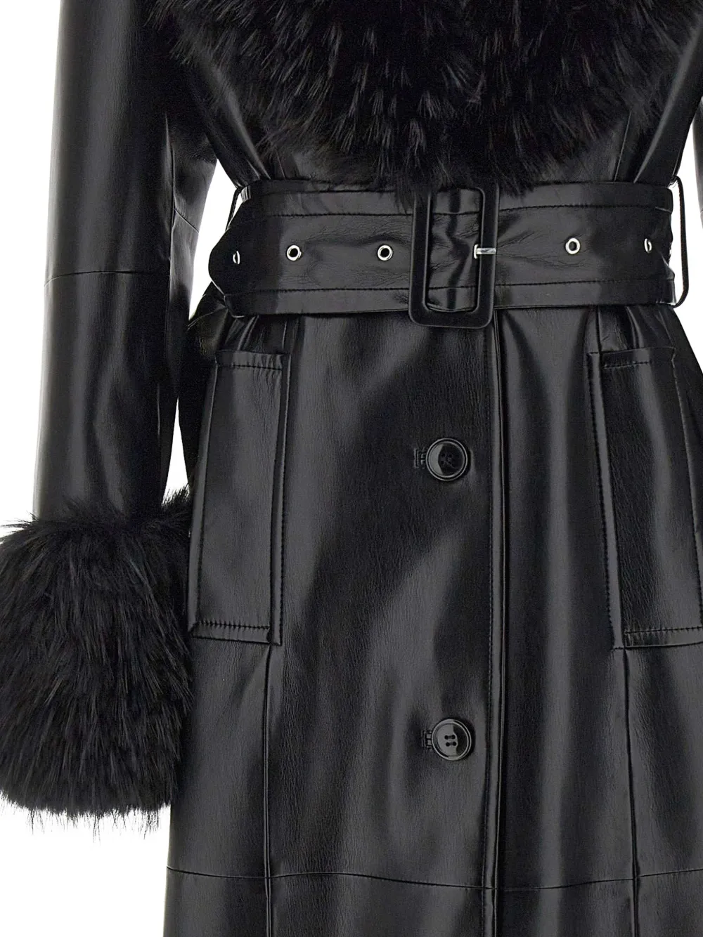 STAND STUDIO Estella faux-fur trim belted coat Zwart
