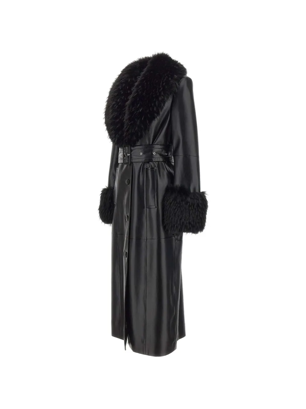 STAND STUDIO Estella faux-fur trim belted coat Zwart