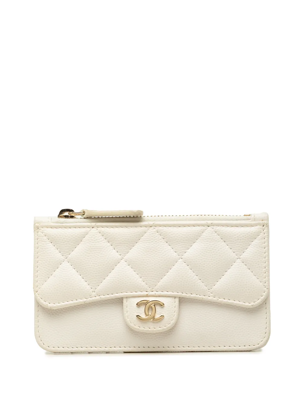 CHANEL Pre-Owned 2019 CC Quilted Caviar Flap Zip card holder - White