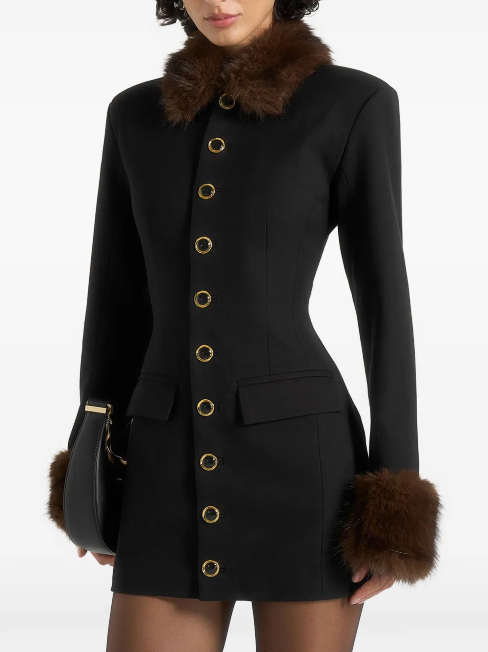 Manière De Voir Amelie in black/brown wool-blend fur-trim hourglass blazer dress - Nero