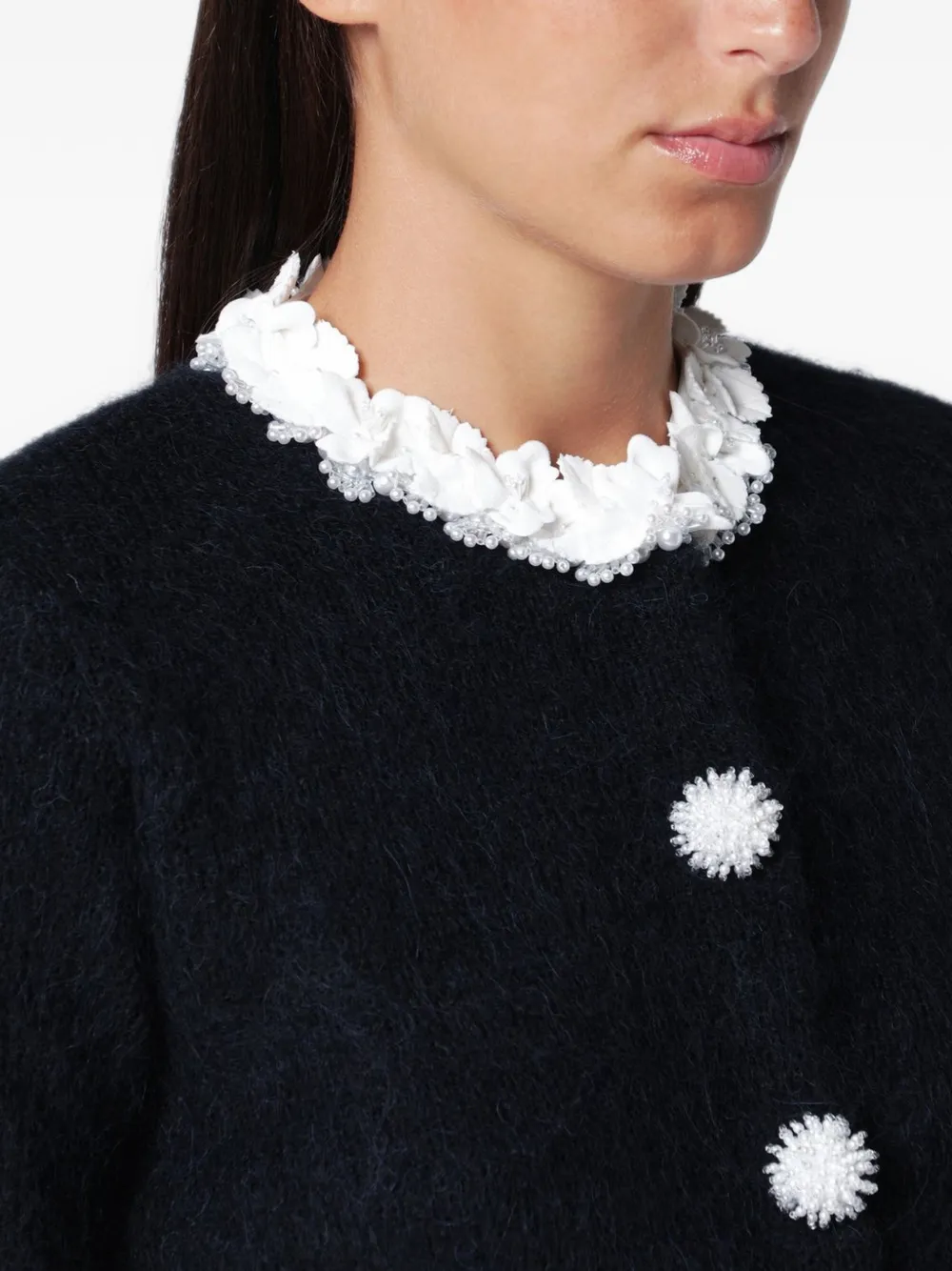 Self-Portrait navy flower pearl trim knit jumper Blauw